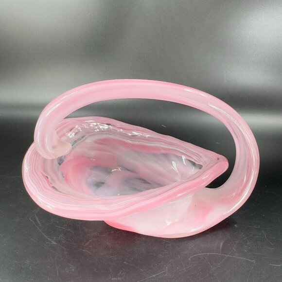 Vintage Sooner Glass Hand Made Pink Swirls Dish Bowl With Handle Basket Handmade - Picture 10 of 14